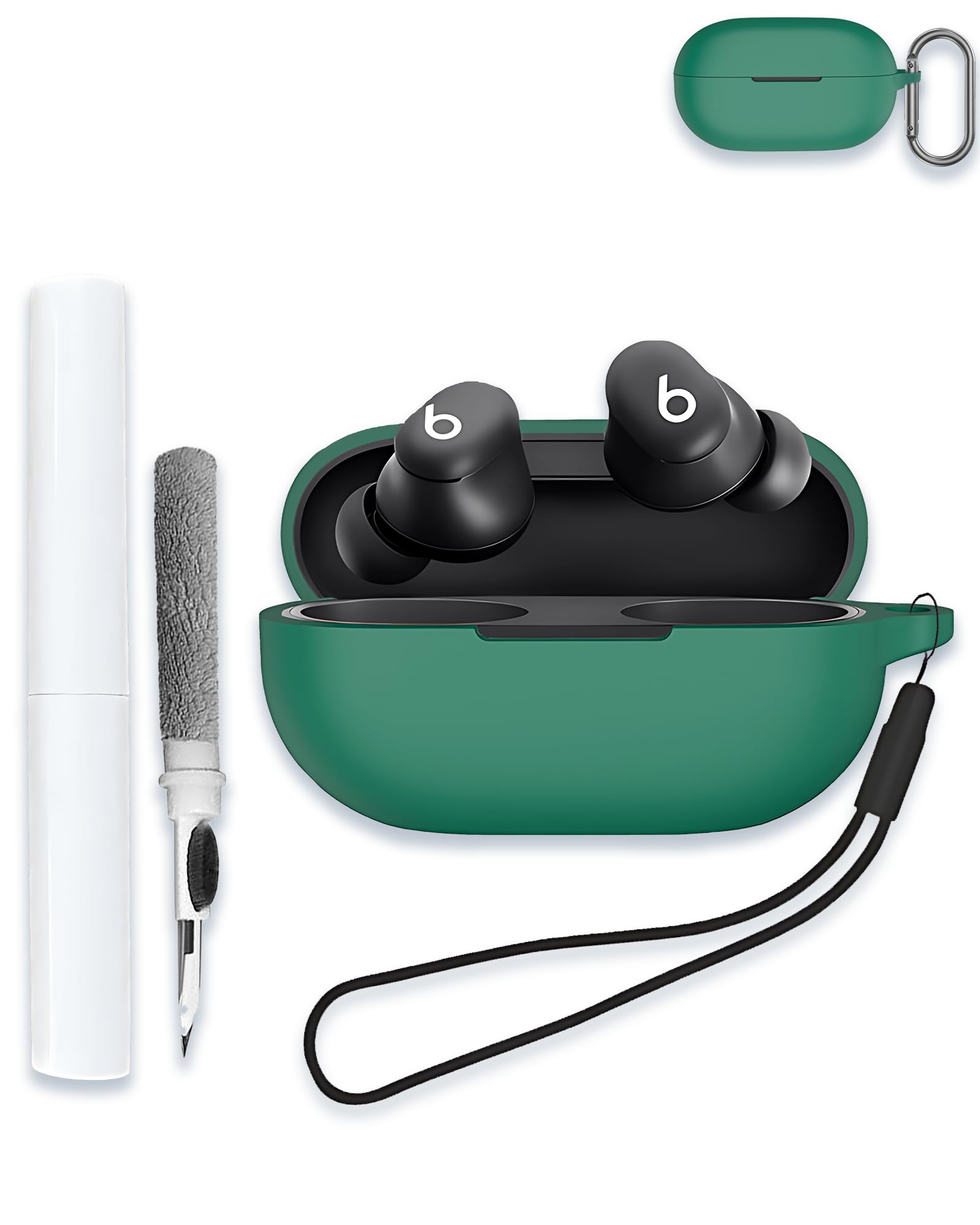 Case for Beats Solo Buds 2024, Soft Silicone Protective Portable Scratch Shock Resistant Shell with Cleaner Kit & Carabiner & Lanyard，Green