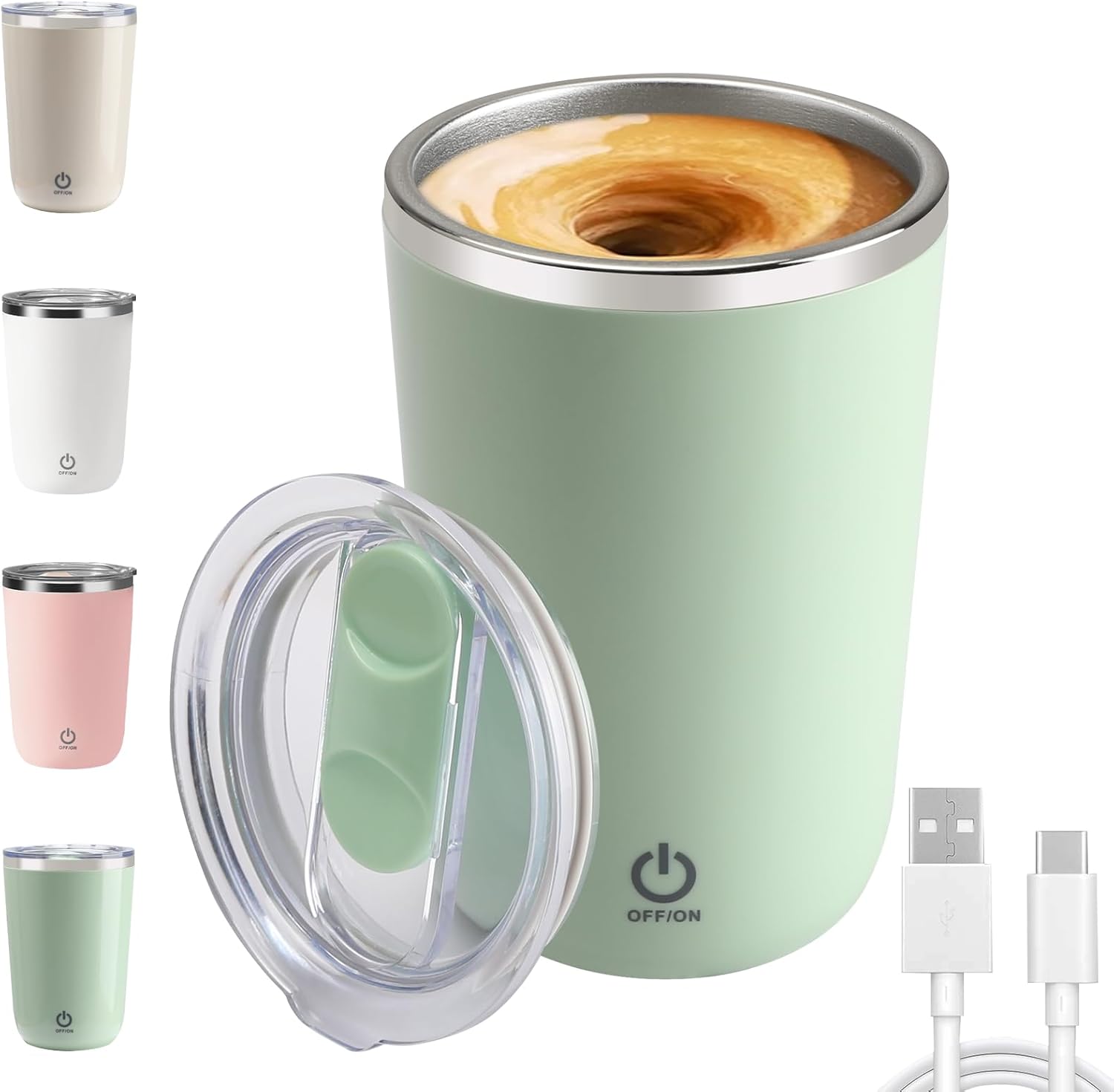 Rechargeable Automatic Self Stirring Coffee Mug 12oz Stainless Steel Magnetic Cup Self Stirring Mug With lid Best Gift For Women And Men - Green