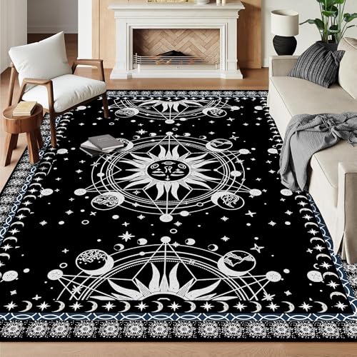 6' x 9' Sun and Moon Rug Boho Celestial Area Rugs for Bedroom Dorm Living Room Bohemian Occult Crescent Solar Stars Floor Mat Pad Doormat Carpet,180 X 275cm,Black Black 6' x 9' (Rectangular)