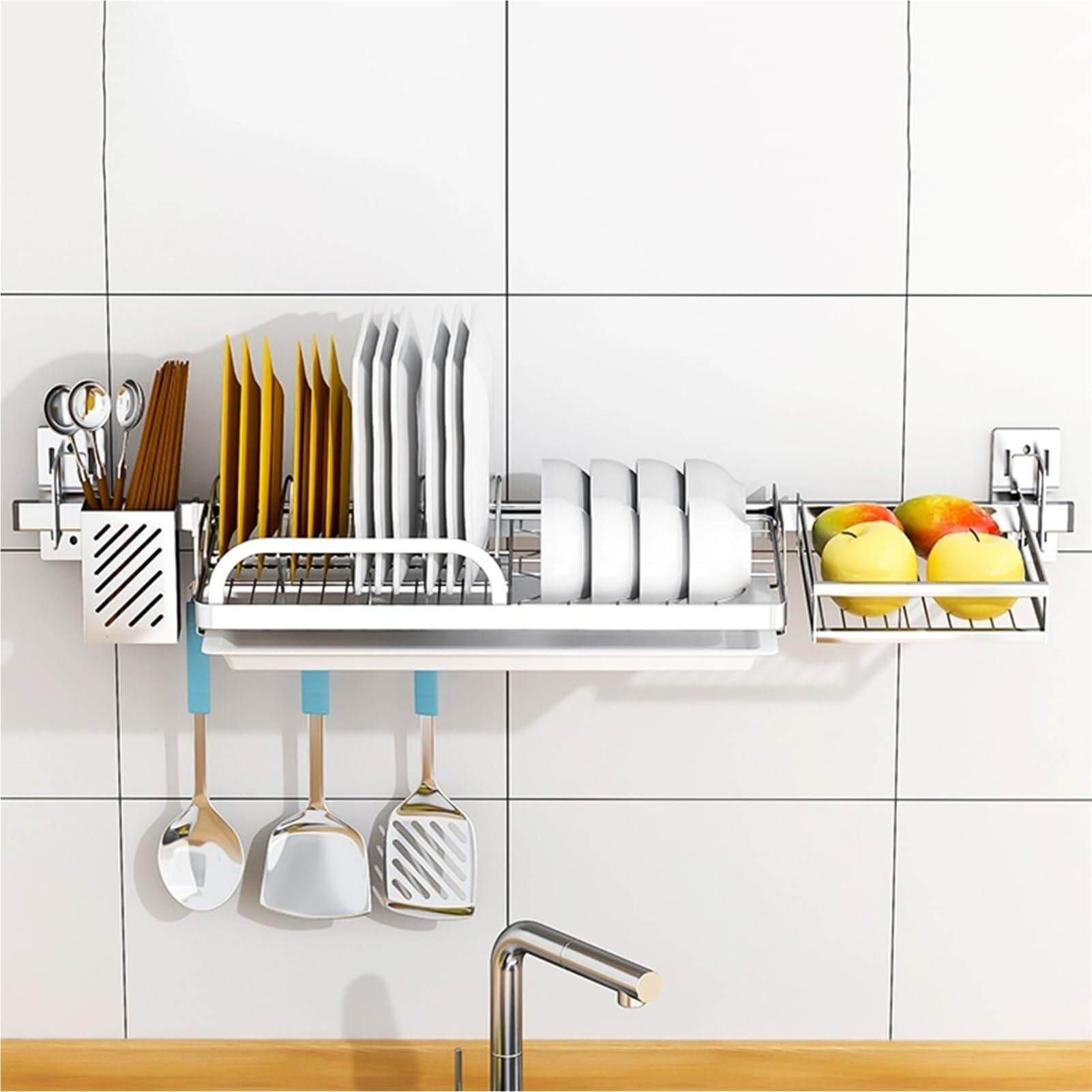 SaryEdge Hanging Kitchen Dishes Drying Rack, Wall Stainless Steel Over The Sink Dish Drainer Dryer Rack with Utensil Holder Hooks Space Saver for Kitchen Supplies Storage Organi,