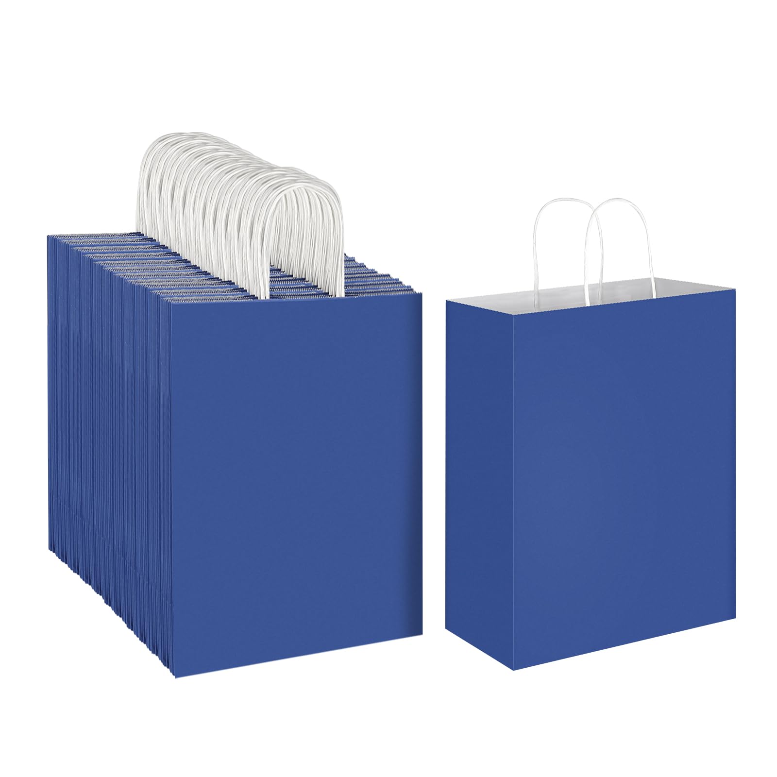 Oikss 100 Pack 10x5x13 Royal Blue Kraft Paper Bags with Handles Bulk for Birthday Party Favors Grocery Retail Shopping Business Goody Recycled Craft