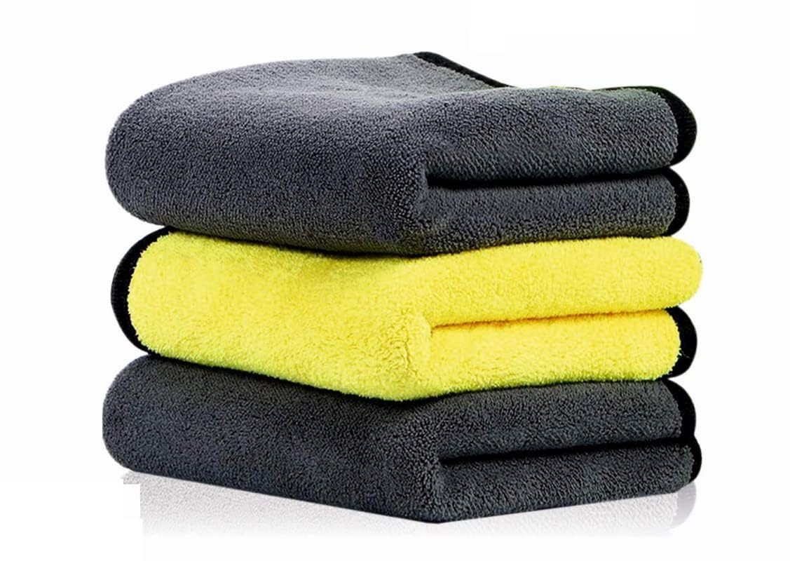 Heavy Microfiber Cloth for Car Cleaning | Dual Sided Extra Thick Plush Microfiber Towels for Gym and Workout | Microfiber Towels (Yellow-Grey, Pack of 3)-image-8