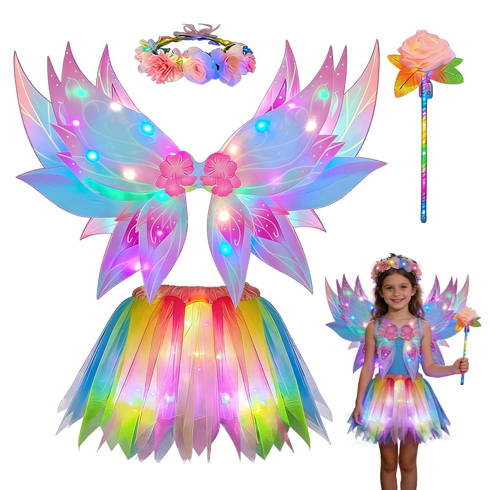 SGZIOO 4 Stück Leuchtende Feen Kostüm Kinder, Feenkostüm Mädchen mit Feenflügel, LED Tutu Tüllrock, Blumenkranz, Zauberstab, Kinder Feen für Karneval Fasching
