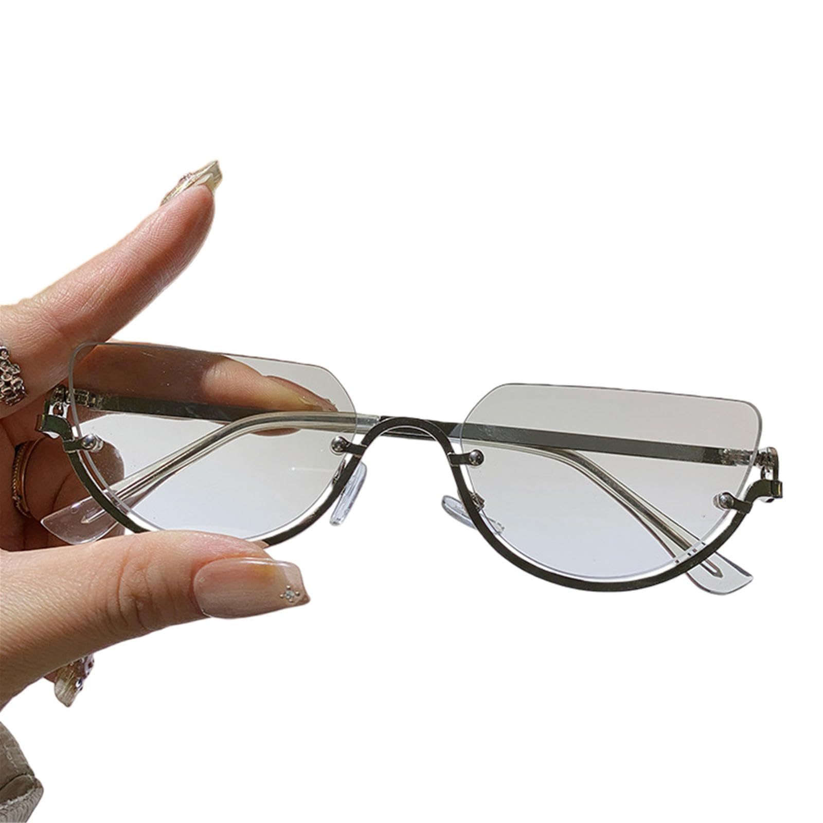 Gyios sunglasses Trendy Unique Semi-rimless Half Circle Rimless Women Men Luxury Metal Shades Glasses Eyewear- Silver Frame White Gradient Lens