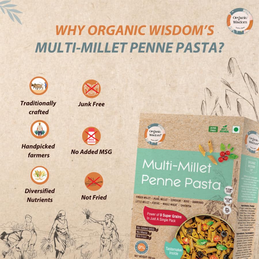 Image of Organic Wisdom Millet Pasta Combo | Pack of 4 | Multi Millet, Moringa, Beetroot Ragi & Quinoa Jowar | 180g Each | No Maida, No MSG | High Protein & Fiber