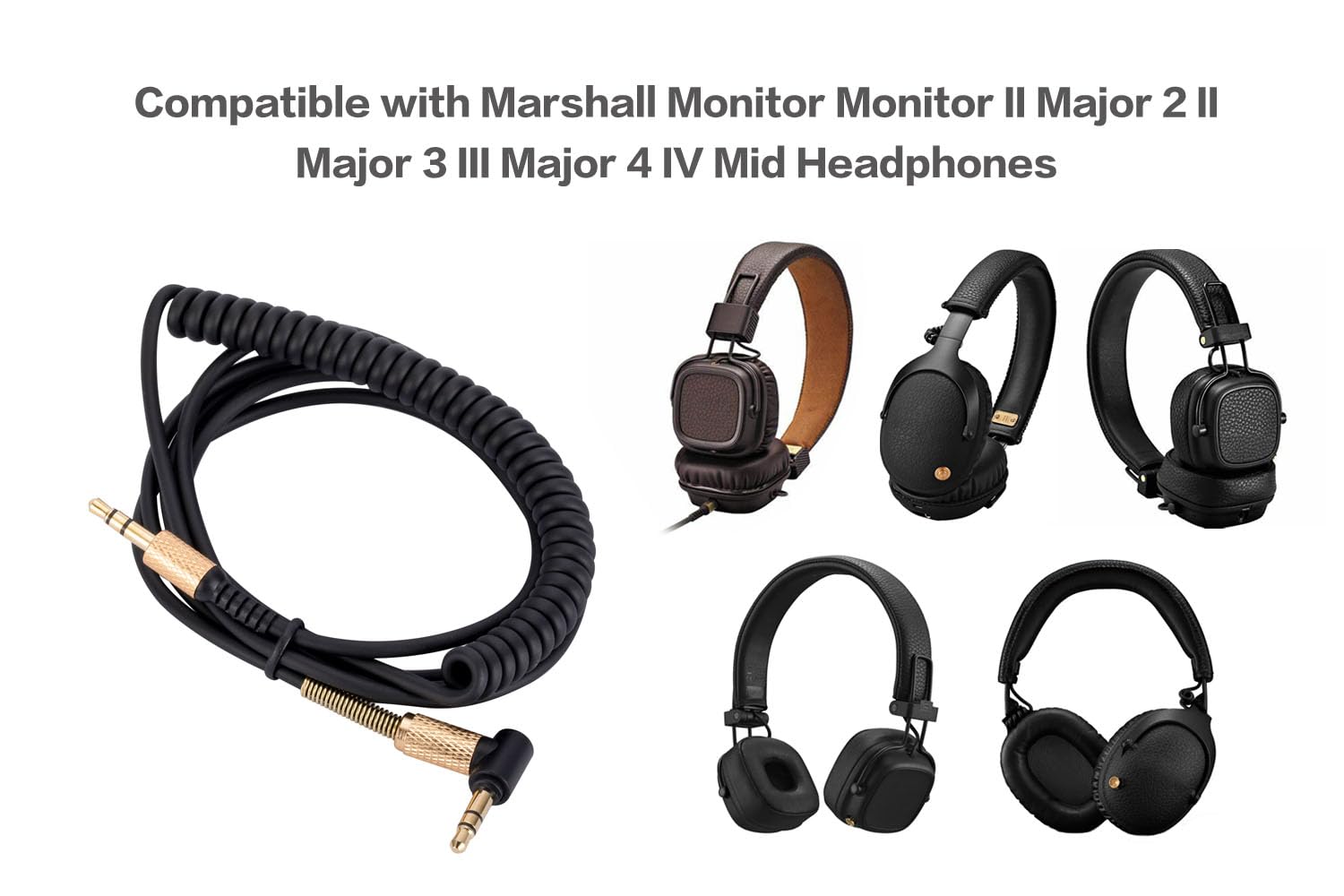 UNCLE LIGHT Replacement Audio Cable for Marshall Headphones, Compatible with Monitor Major 2 II Major 3 III Major 4 IV Mid Headphones 3.5mm Male Stereo Jack Cord, 1.2 Meters, No Inline Control, Black