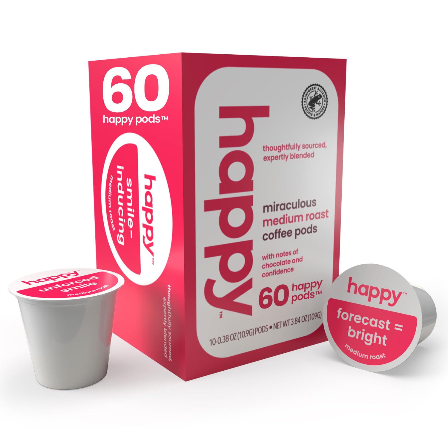 happy coffee medium roast coffee pods, 60 count, notes of chocolate & confidence, compatible with most K-cup brewers, rainforest alliance certified