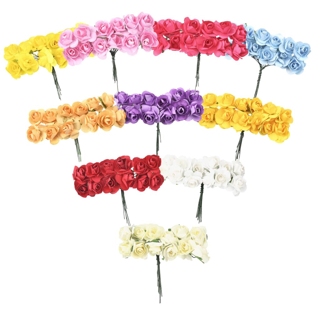 SOFPLATE 120Pcs 10 Colours Mini Paper Roses Artificial Paper Flowers 1.8cm Small Paper Rose Buds with Wire Stems for DIY Crafts Scrapbooking Embellishments Gift Wrapping Decoration Hair Accessories