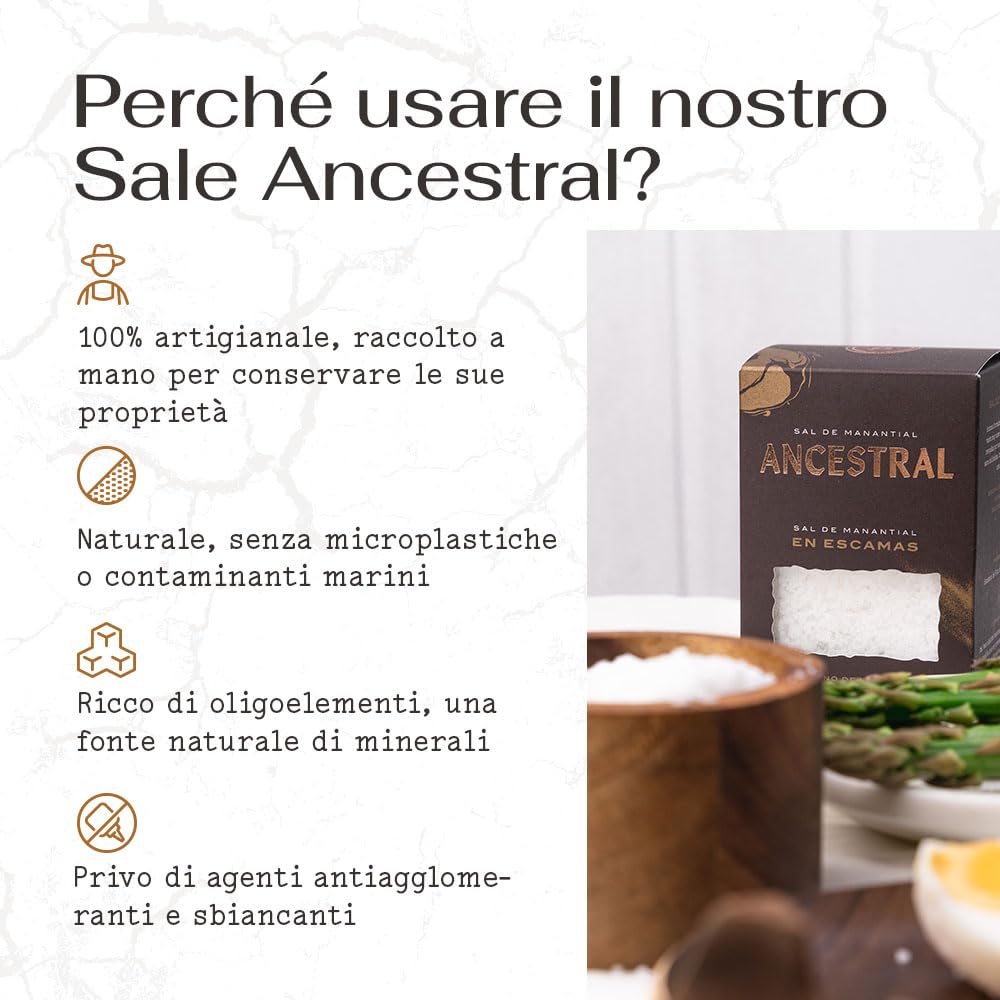 SAL ANCESTRAL - Sale in Scaglie di Sorgente - Fiocchi di Sale Gourmet Biologico - Sale in Scaglie ideale per Carne e Pesce - Formato Scorta 1,5 kg (Raccolto a Mano)