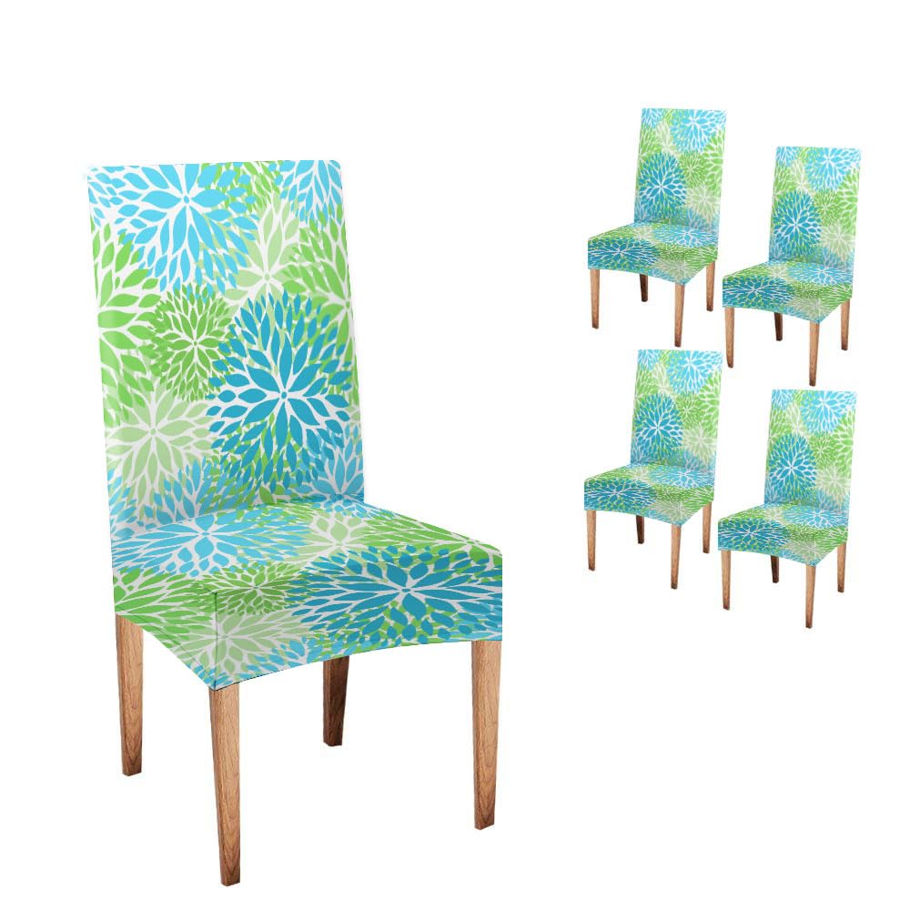 Musesh Spring Dahlia Chair Cover Flowers Pattern Blue Green Set of 4 Stretch Removable Washable Slipcovers for Dining Room Hotel Kitchen