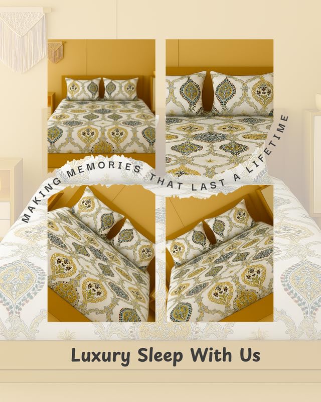 Image of NEW LEAF 320 TC Cotton All Around Elastic Fitted Printed Bedsheets King Size, Premium Fitted Bedsheets King Size for Double Bed with 2 Pillow Covers, Size- 78 inch x 72 inch Traditional White