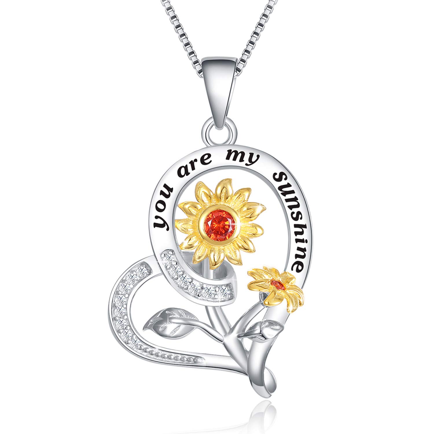 NUOKUNSunflower Necklace for Women S925 Sterling Silver Heart Necklace Jewelry, You are My Sunshine Pendant Necklaces Jewelry Gifts for Women Girls Mom Wife