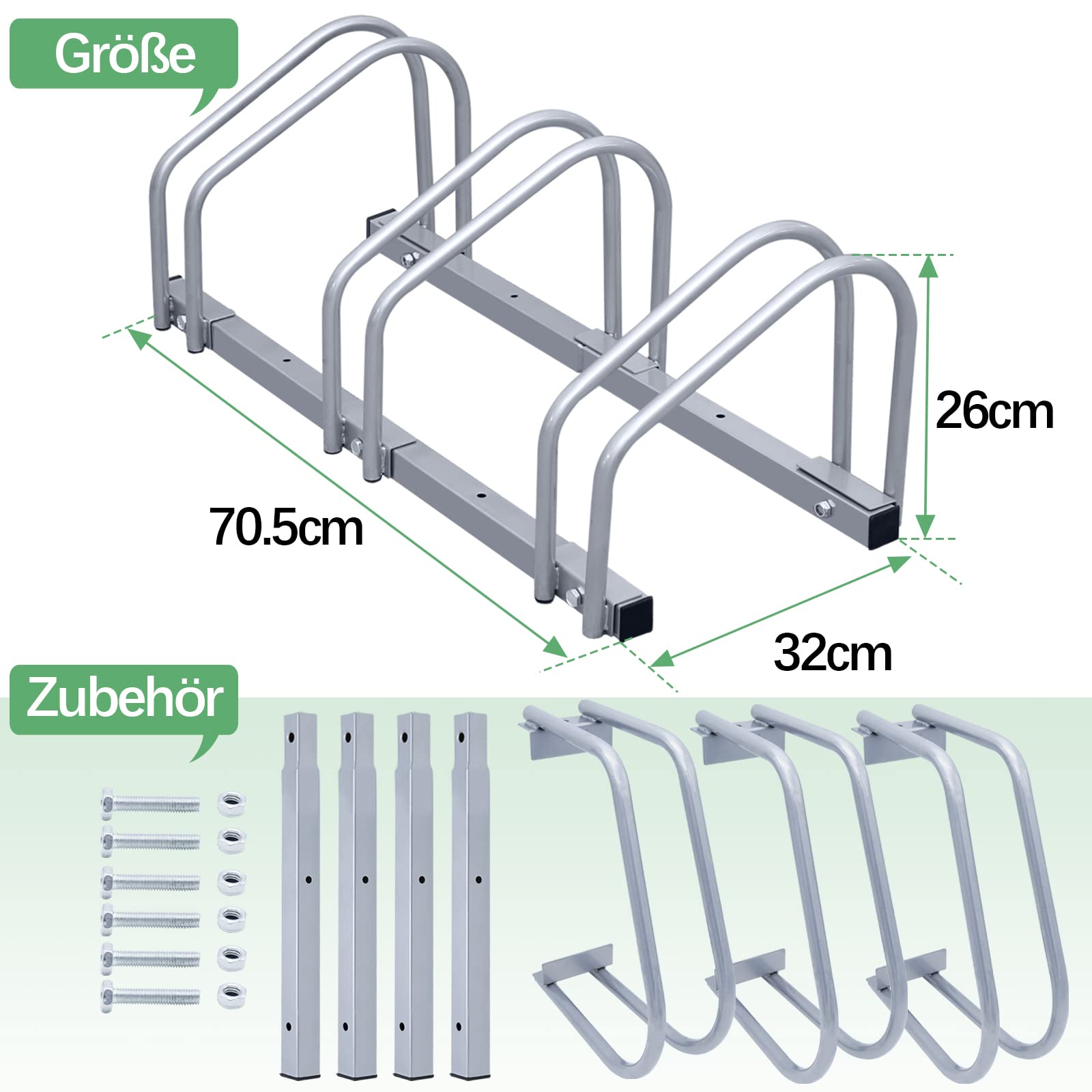 Tubiaz Supporto per Bicicletta per 3 biciclette, Montaggio a pavimento o a parete, adatto per biciclette da 35-55 cm, con Materiale di Montaggio Incluso, Salvaspazio, Argento