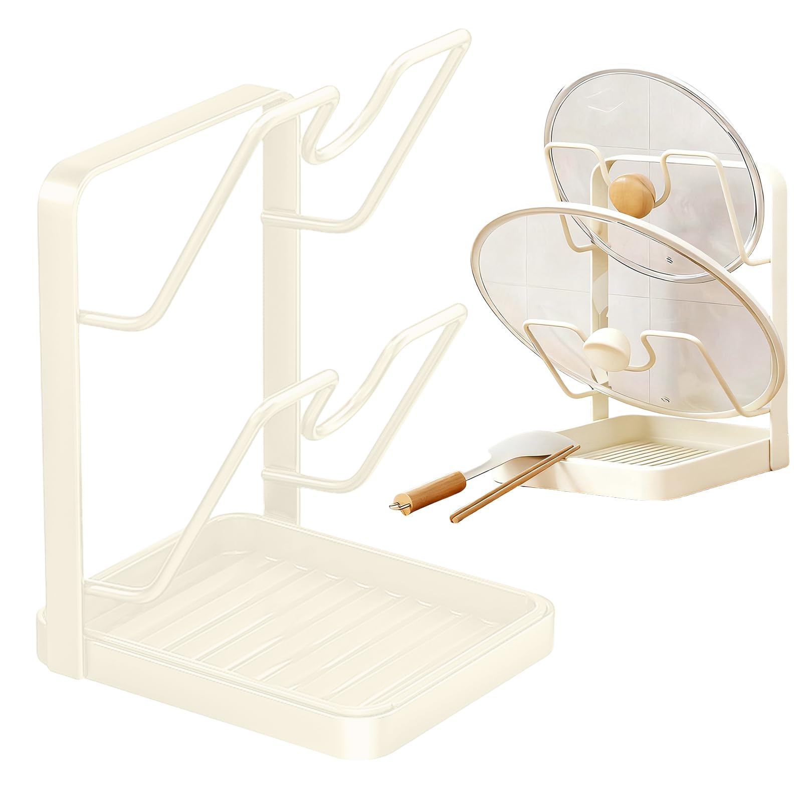 Beige, 2-Layer Kitchen Pot Lid Storage Rack With Removable Drip Tray – Space-Saving Pan Lid And Cutting Board Holder For Countertop Organization,Kitchen Pot Organizer Rack For Glass, Stainless Steel, And Iron Lids