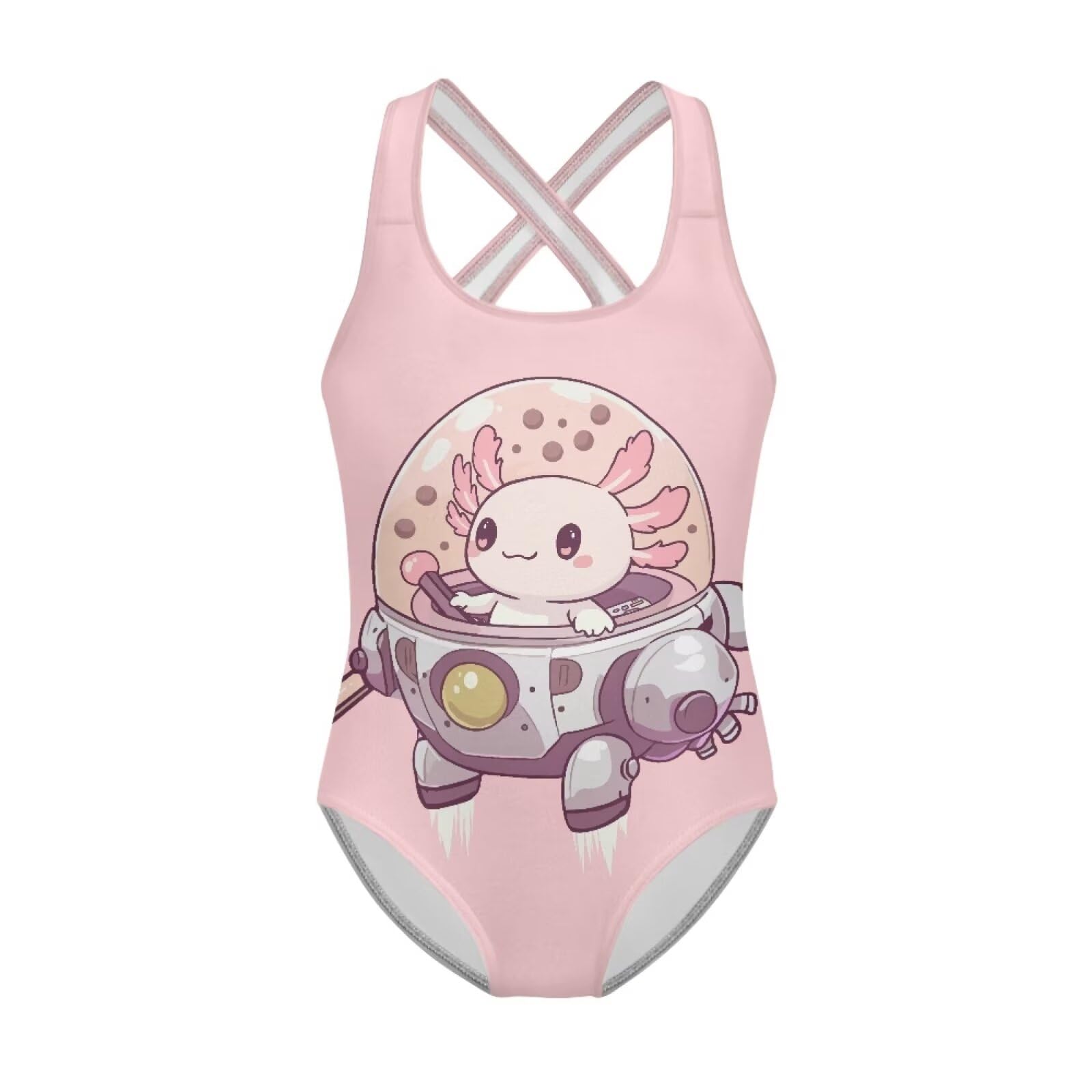 Girls One Piece Swimsuits Axolotl Cross Back Swimwear Beach Summer Quick Dry Beach Bathing Suit