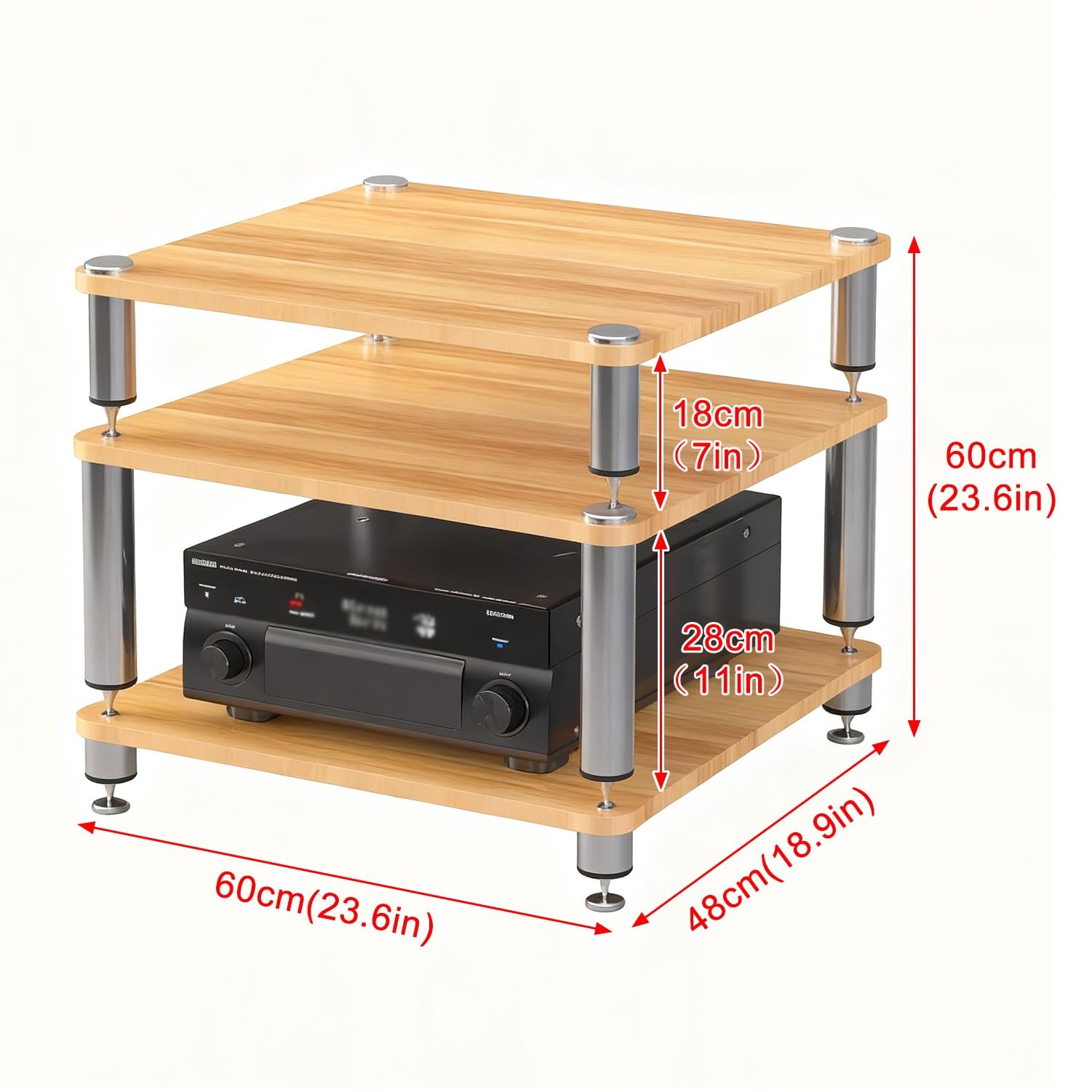 Szafka na sprzęt audio HiFi z amortyzującymi nóżkami, drewnianą półką na gramofon, wzmacniacze, głośniki i nośniki danych (biała, 2 poziomy, wysokość 40 cm) (czarna, 3 poziomy)