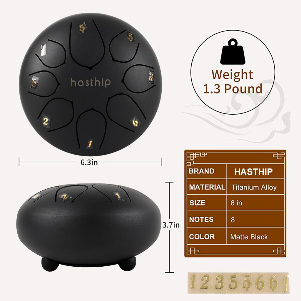 HASTHIP® Steel Tongue Drum 8 Note, 6 inch Percussion Instrument Handpan Drum with Bag, Music Book and Mallets for Kids and Adults Meditation Musical Education Concert Mind Healing Yoga (Black) 1