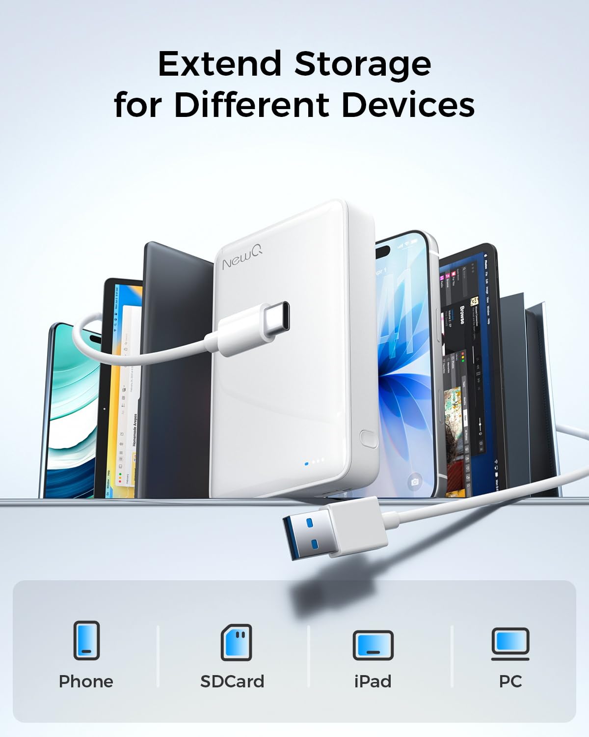 NEWQ Disco rigido esterno da 1 TB per iPhone, dispositivo di archiviazione foto compatibile con USB-C e Lightning, backup di foto/video con un clic per liberare spazio sul telefono, supporto
