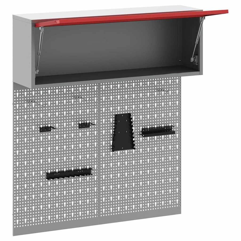 Juego de 3 armarios de herramientas de acero con recubrimiento de polvo rojo, montaje en pared con estantes metálicos y placas perforadas para taller, garaje, espacio de hobby, orden y