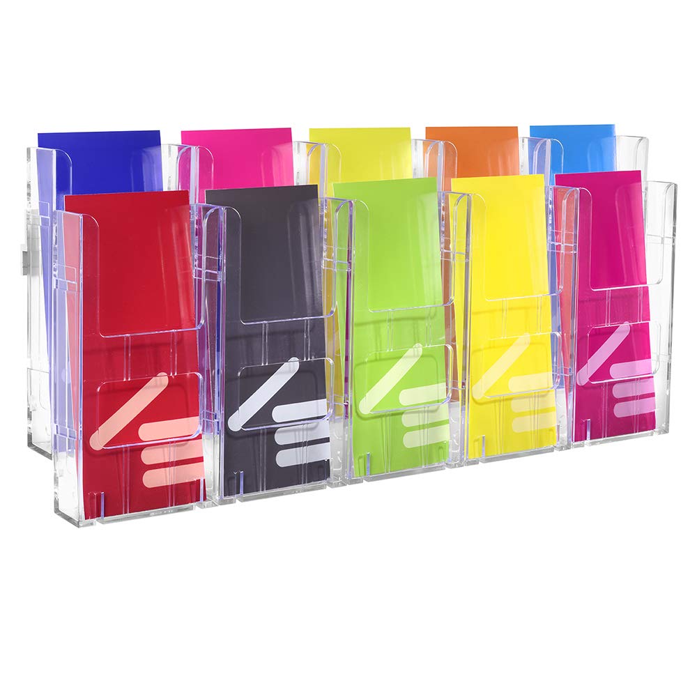 Wandprospekthalter mit 10 Fächern für DIN Lang (99x210mm) transparent | Für Flyer und Prospekte in 99x210mm Hoch, 23mm Fülltiefe je Fach, modulares System mit Wandschiene, erweiterbar