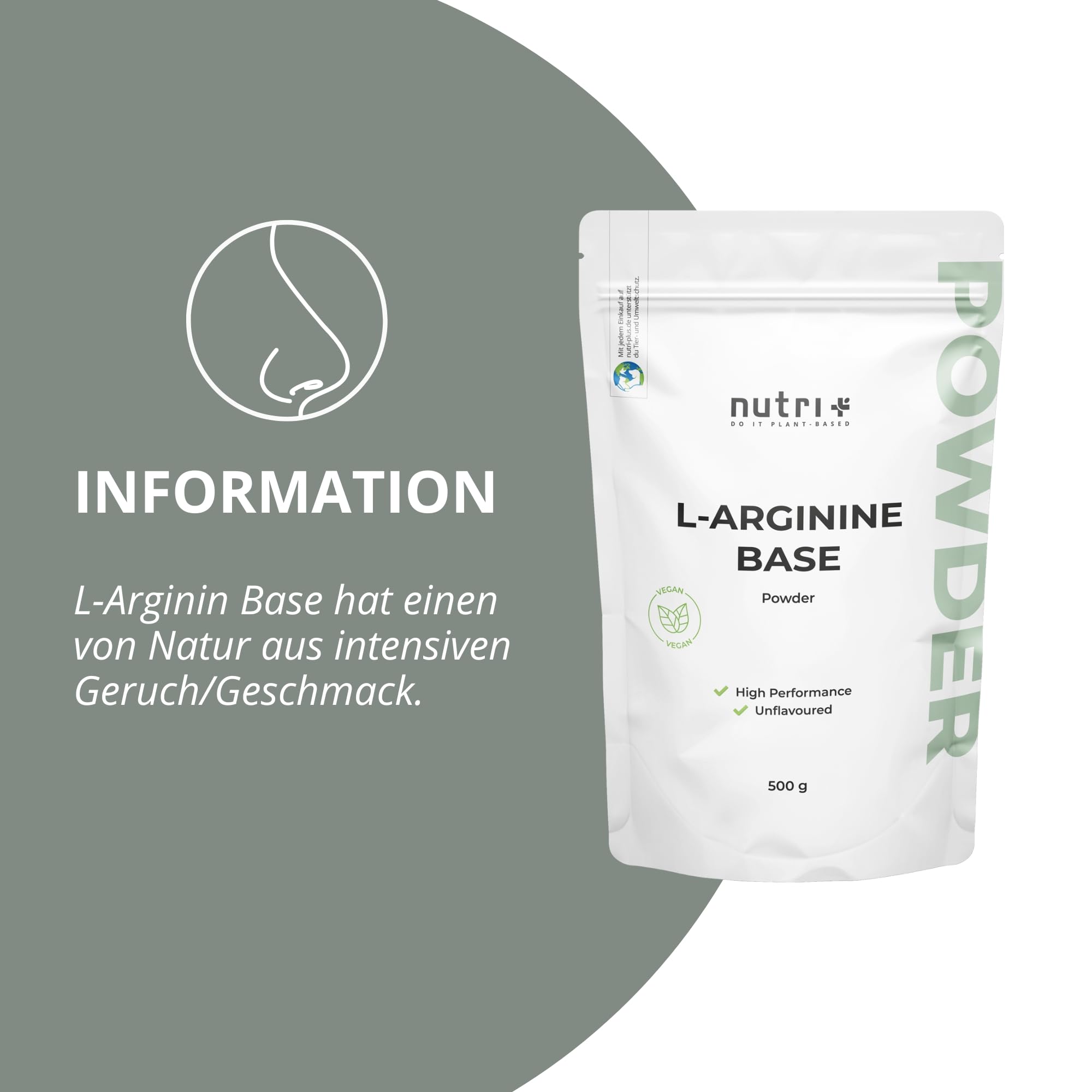 Nutri + L-Arginin Base Pulver 500 g hochdosiert + vegan - pflanzlich durch Fermentation - reines L-Arginine Powder - ohne Zusatz - Premiumqualität