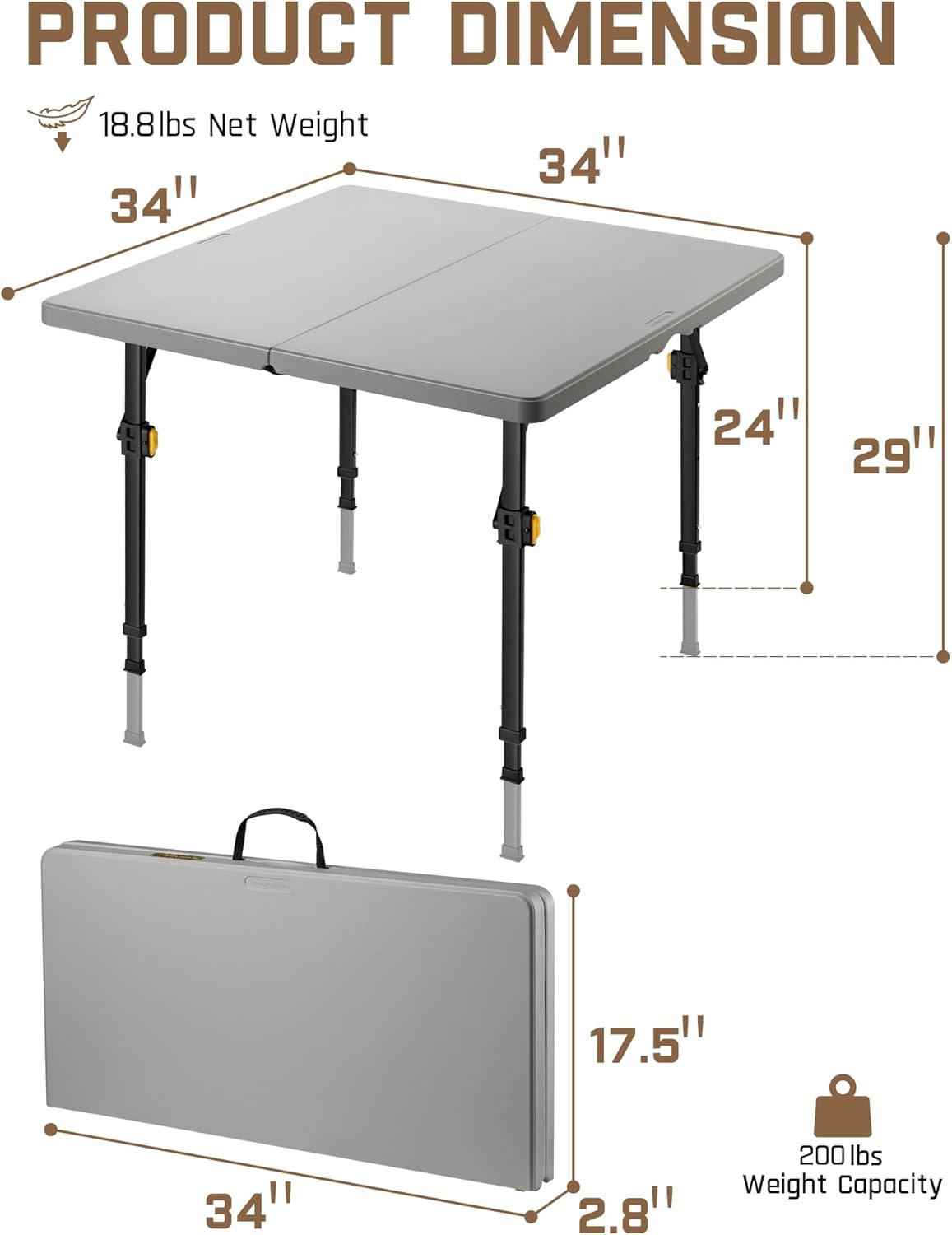 FanttikOutdoor 34" Square Folding Card Table, Two Heights Adjustable, Max Load 200 lbs, Portable Table with Lock Button, for Indoor/Outdoor, Home, Parties, Picnics, Puzzle, Grey Zeta S4 Pro