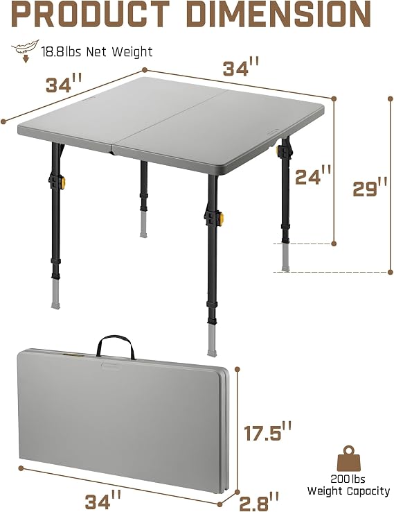 FanttikOutdoor Folding Table Two Heights Adjustable Square Card Table 34, Collapsible Legs & Carrying Handle, Plastic Tables Portable for Camping, Picnic, Office, Party, Grey Zeta S4 Pro