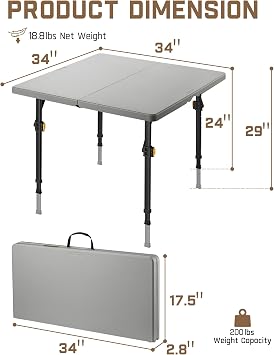 FanttikOutdoor Folding Table Two Heights Adjustable Square Card Table 34, Collapsible Legs & Carrying Handle, Plastic Tables Portable for Camping, Picnic, Office, Party, Grey Zeta S4 Pro