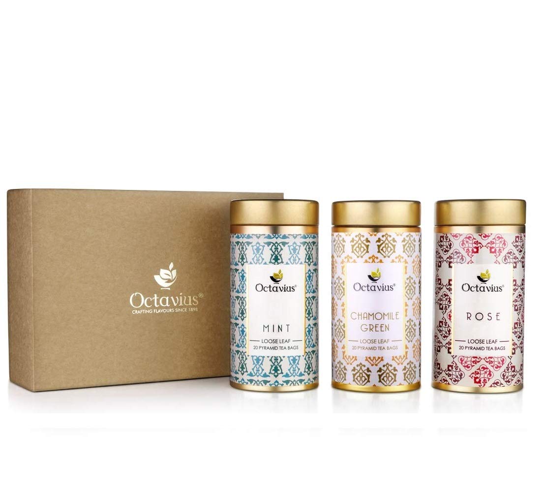 Octavius Gourmet Tea Collection, Tealightful Infusions Range, Assorted 3 Wellness Tea Infusion Loose Leaf Teas in Silken Pyramid Tea Bags Packed in Decorative Tin Boxes (Set Of Three Tins)