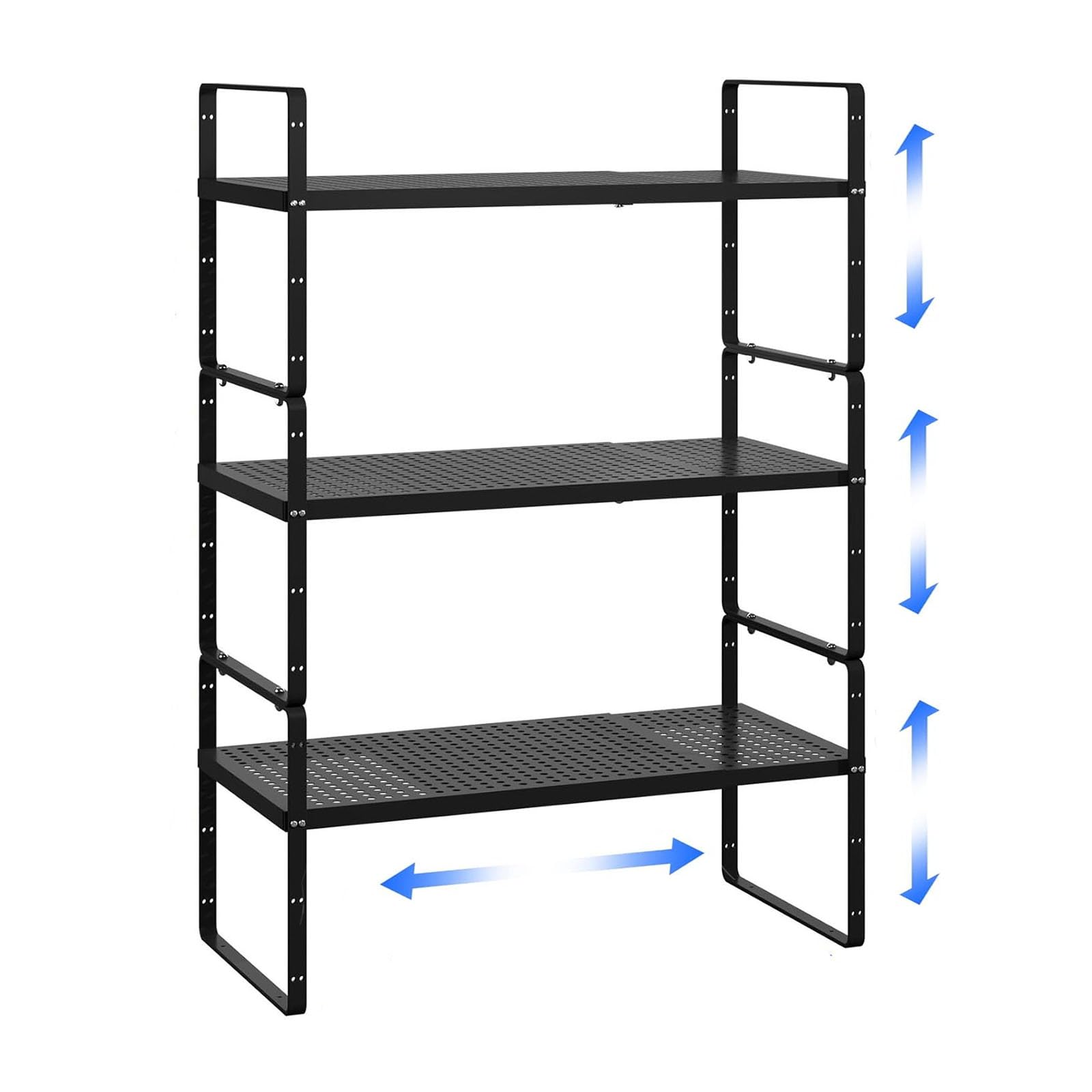 Erweiterbares Schrankregal, Organizer, verstellbar, Metall, Gewürzregal, stapelbar, freistehende Theke, Aufbewahrungsregale für Küchenschrank, unter der Spüle, Büroschreibtisch (schwarz, 3 Stück – L