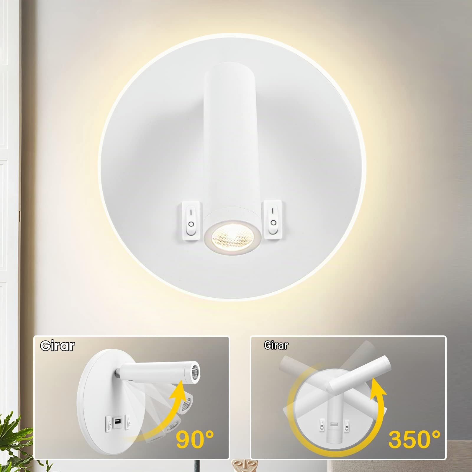 Weigudoc Luz de Pared LED con Puerto de Carga USB, Luz de Lectura Junto a Cama Ajustable, Foco orientable (3W 3000 K + 9W 3000 K), Giratoria Lámpara De Noche para Dormitorio Hotel (2 Blanco)