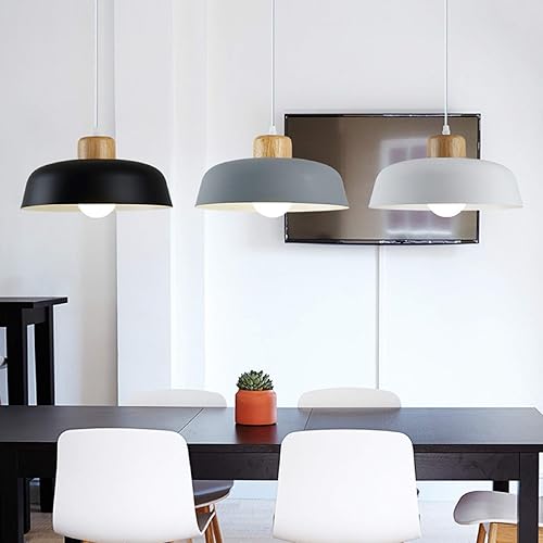 Miniatura 3 de Lámpara colgante redonda de metal de 11.8 pulgadas en color macarrón, moderno acabado de madera simple E26, lámpara colgante de techo, isla de