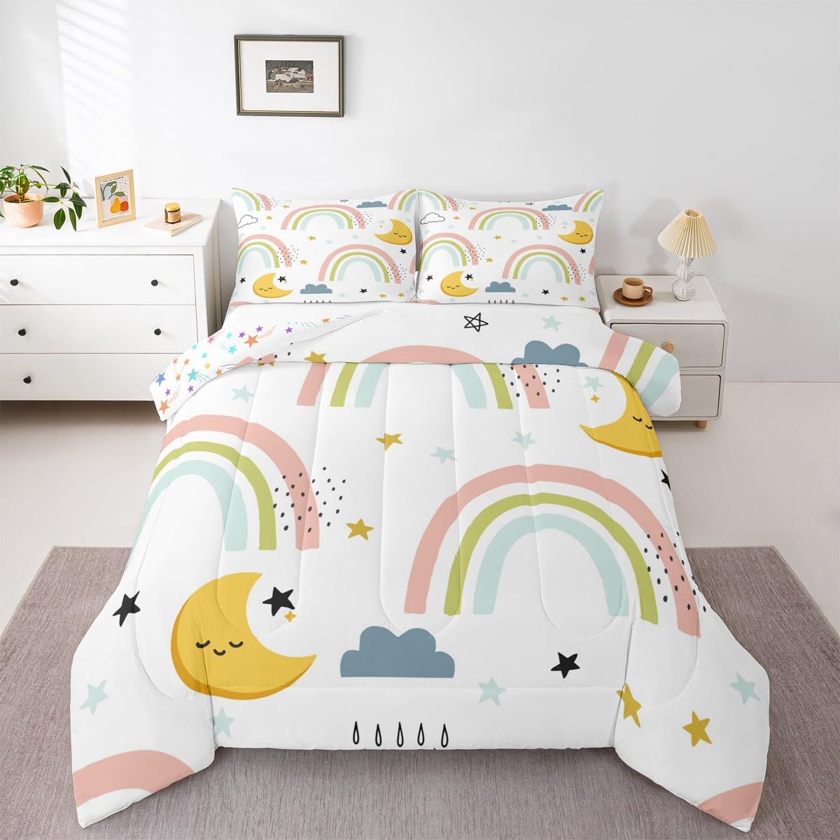 Erosebridal Girls Rainbow Quilt Full Size, Cute Stras Moon Comforter Set Cartoon Kawaii Bedding Set for Kids Boys Room Decor, Cartoon Rainbow Ripple