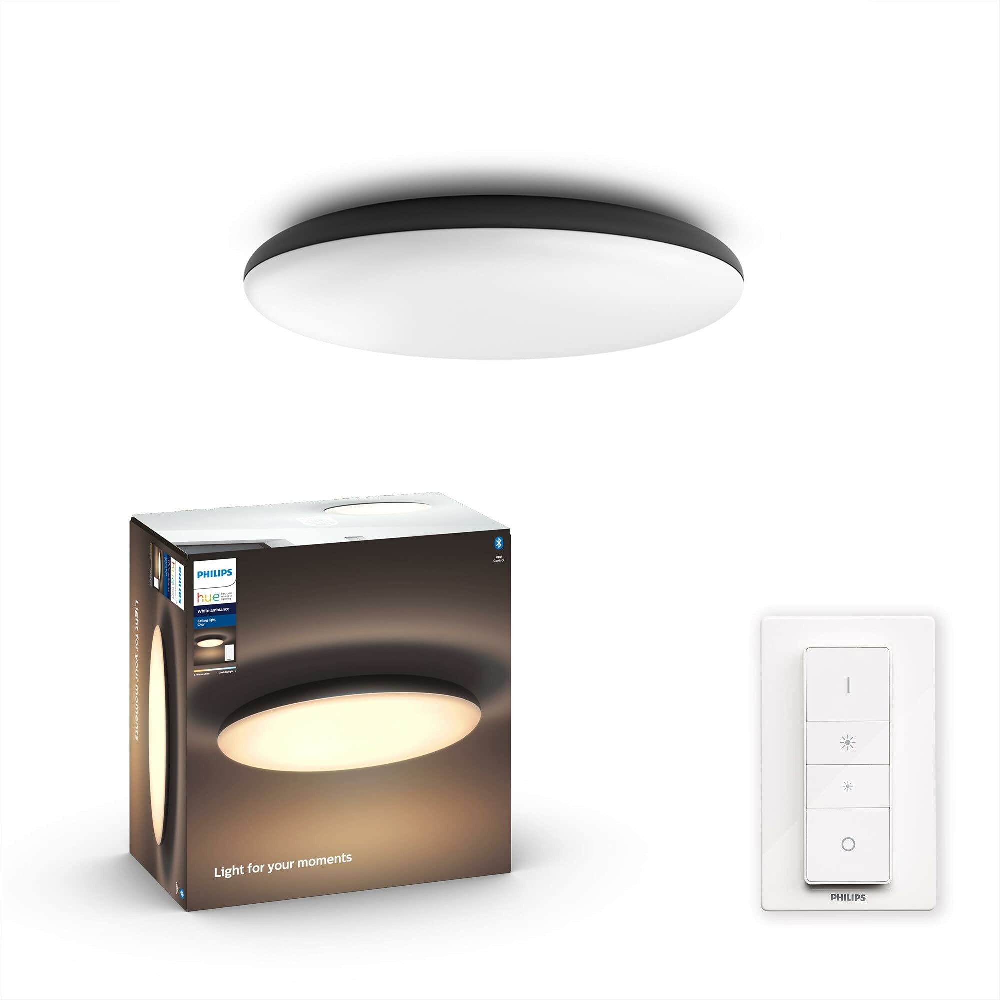 Philips Hue – Lámpara inteligente, Hue Cher, Plafón LED Inteligente, Luz Blanca de Cálida a Fría, Compatible con Alexa y Google Home, Color Negro