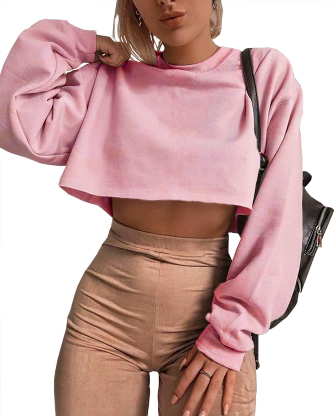 Photo 1 of Artfish Women's Crewneck Long Sleeve Crop Tops Workout Casual Pullover Loose Sweatshirts (Pink,L)