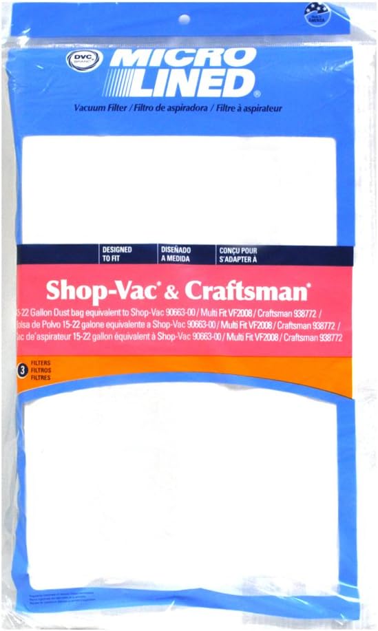 DVC 15-22-Gallon Disposable Collection Filter Bags compatible for Microlined Shop-Vac Bags; Replacement For 9066300, Type G, 3 Pack