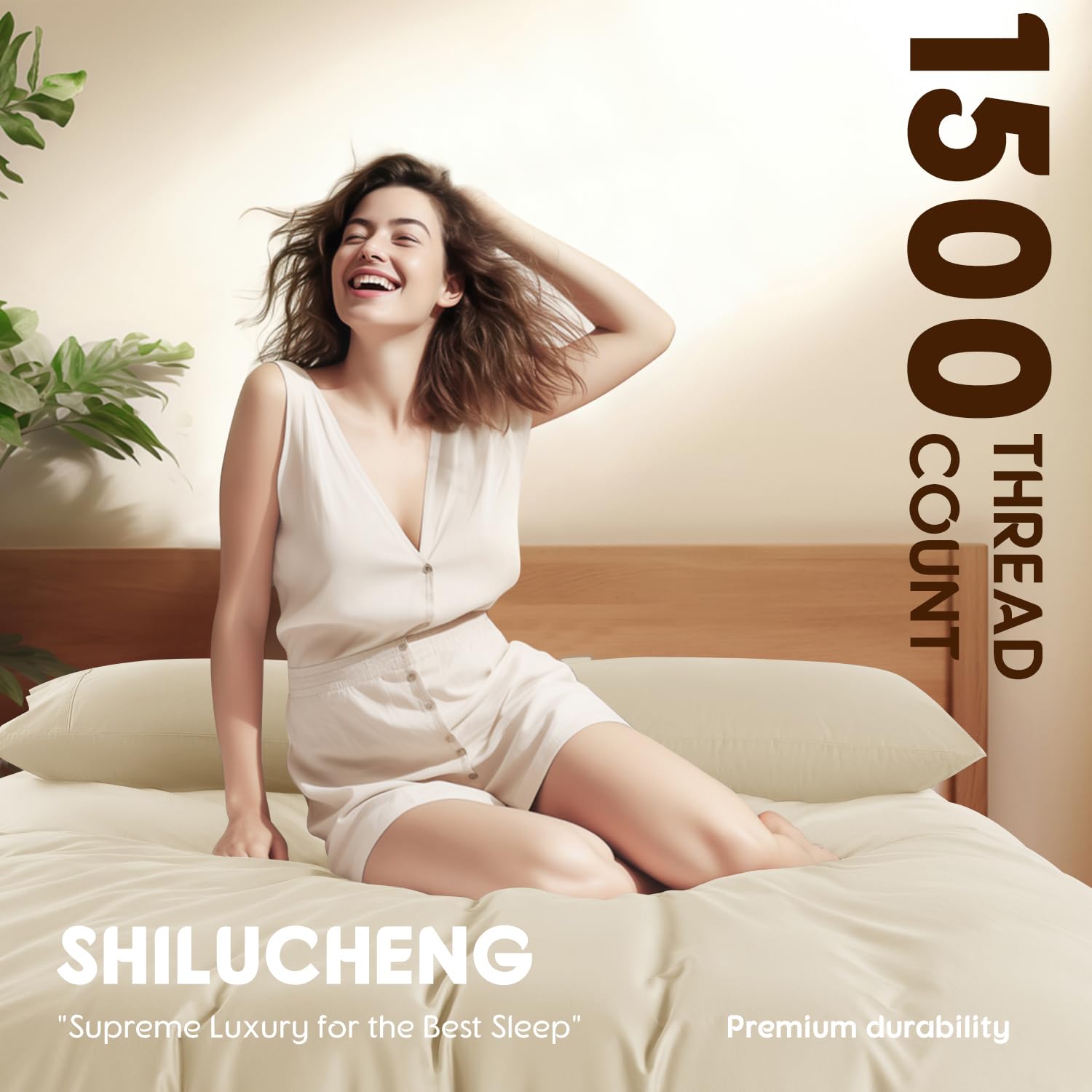 Shilucheng 100% Cotton Queen Size Sheets Set - 1500 Thread Count,Luxury Egyptian Cotton Bed Sheets,5-Star Hotel Quality Sheets, Breathable & Cooling, 16 Inch Deep Pocket - 4 Piece (Beige)