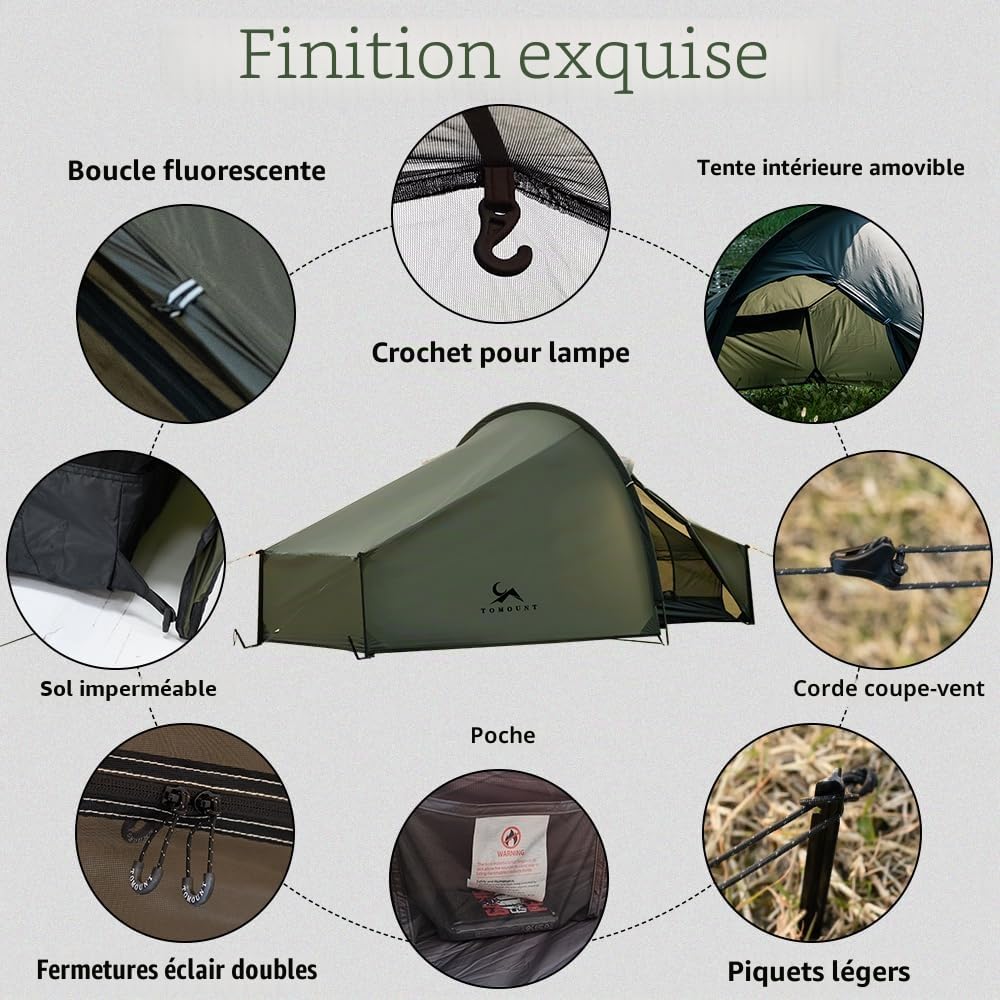 TOMOUNT Tente de bivouac en nylon ultra légère pour 1 personne - Étanche - Petit format une fois pliée - Tente de trekking - Tente de camping pour l'extérieur, le camping, la randonnée, les voyages et