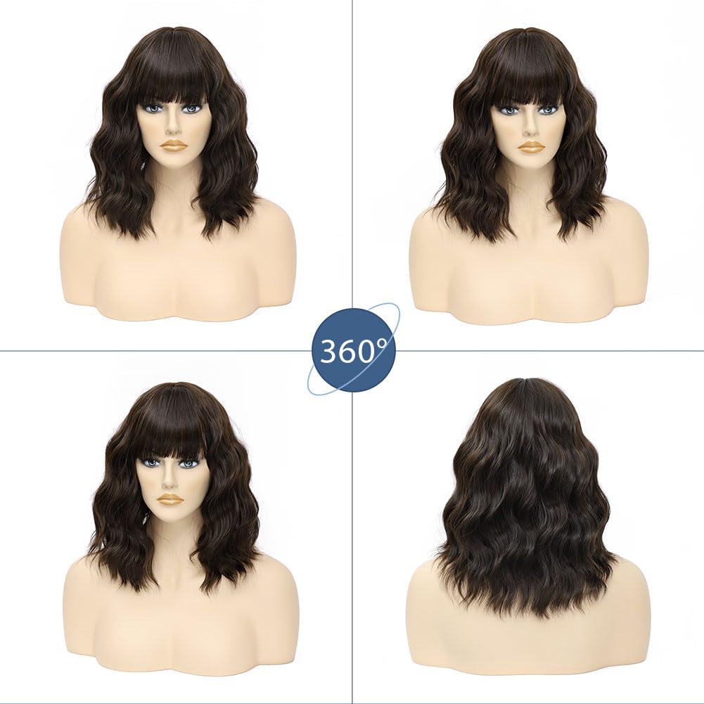 LOSMOEER Natural Brown Wig with Bangs Short Wavy Wigs for Women Shoulder Length Curly Bob Wigs Heat Resistant Synthetic Wigs for Halloween Cosplay Daily Party Use