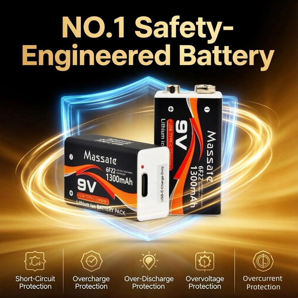 4 Pcs 9V Rechargeable Batteries 1300mAh, USB C Rechargeable Lithium Ion Battery with 4 in 1 Charging Cable, Long Lasting 9 Volt Battery for Smoke Detector, Guitar Pedal, Microphone - 5
