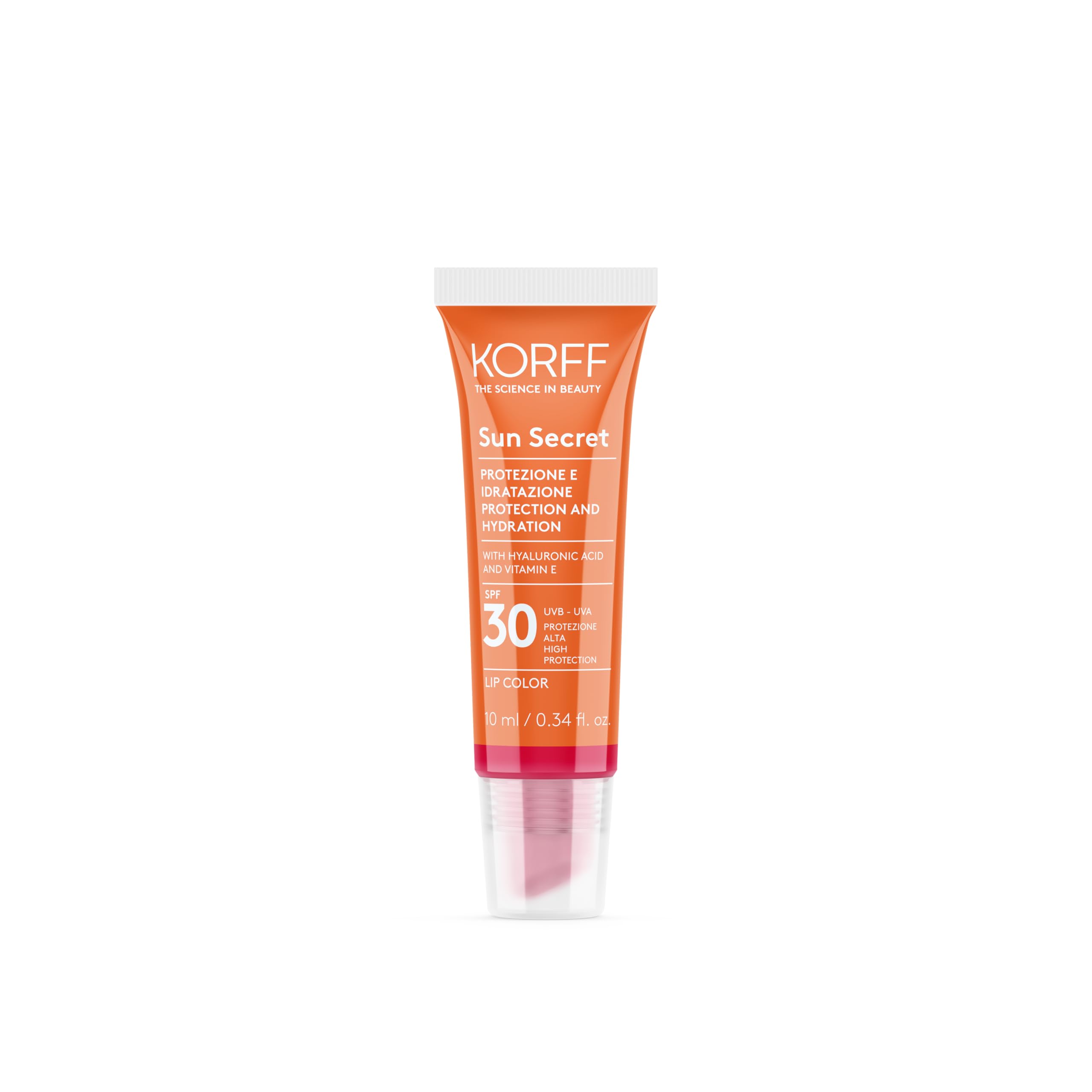 Korff Sun Secret Lip Color SPF30, Protezione Solare Labbra, Effetto Lucido, Acido Ialuronico, Vitamina E e Burro di Karitè, 03 Cherry Red,10 ml