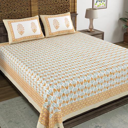Image of BLOCKS OF INDIA Hand Block Printed 200 TC Cotton King Size Bedsheet (Brown Leaf)