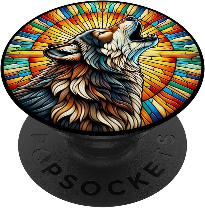 Beautiful Stained Glass Vibrant Wolf Howling Art Portrait PopSockets MagSafe PopGrip for iPhone