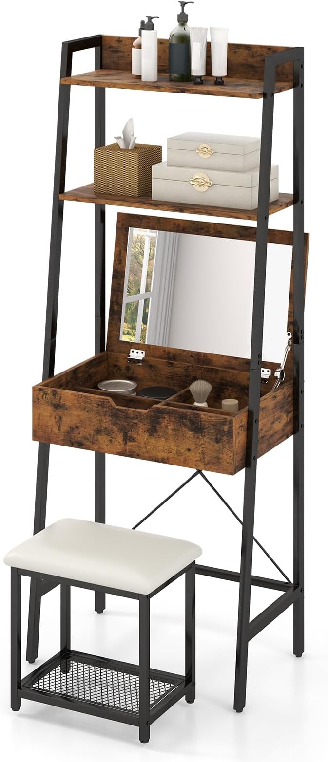 Multigot Dressing Table and Stool Set, Ladder Vanity Desk with Flip Top Mirror, 2 Ladder Shelves and 4 Hidden Storage Compartments, Makeup Desk Cosmetics Dresser (Rustic Brown+Black)