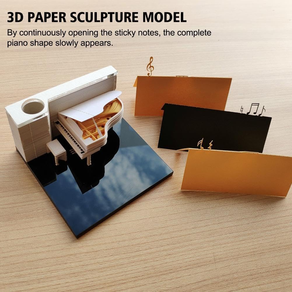 Notes samoprzylepny 3D Paper Sculpture Art, Odrywany kalendarz Fortepian Kalendarz 2025 Notatnik 3D Pad prezentowy Artykuły biurowe Wygodne naklejki Bloki noworoczne(Piano,Pink)