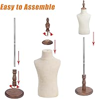 Vista 4 de Maniquí de forma de vestido para niños con base de madera, maniquí de exhibición infantil, formas de busto para niños de 4-5 años, marrón