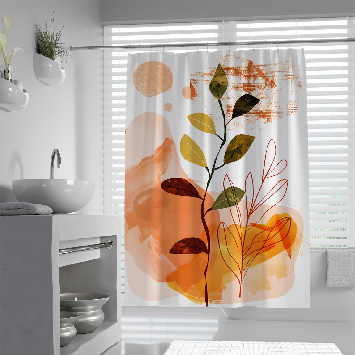 UIRINGART Abstract Botanical Shower Curtain W180xL200cm Mid Century Modern Leaf Art Watercolor Brush Strokes Warm Earth Tone Polyester Fabric Shower Curtains