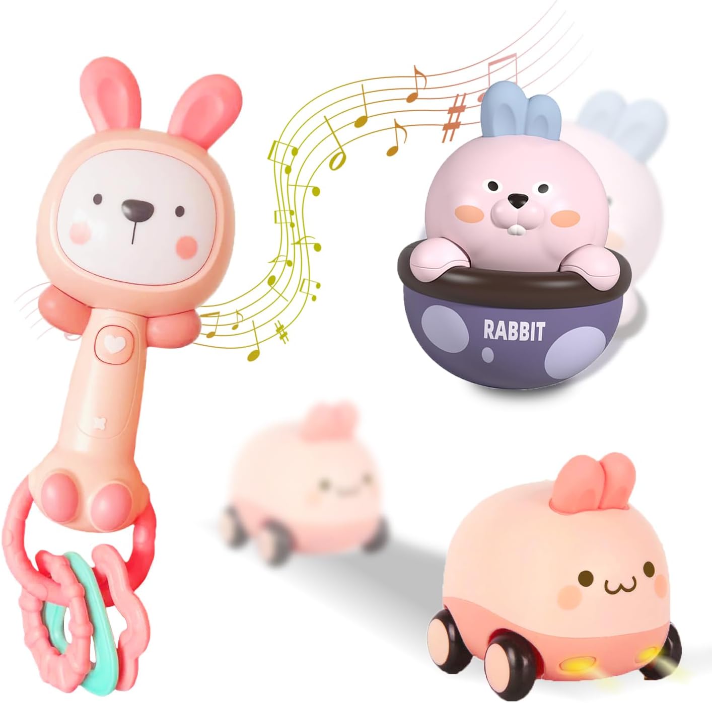 Baby Toys 6 to 18 Months - Light Up Baby Music Toy, Tumbler Toy, Baby Push Go Friction Car with Light & Sounds, Newborn Infant Gifts 3 in 1 Toddlers Toy for 1 2 3 Year Old Boys Girls (Pink)