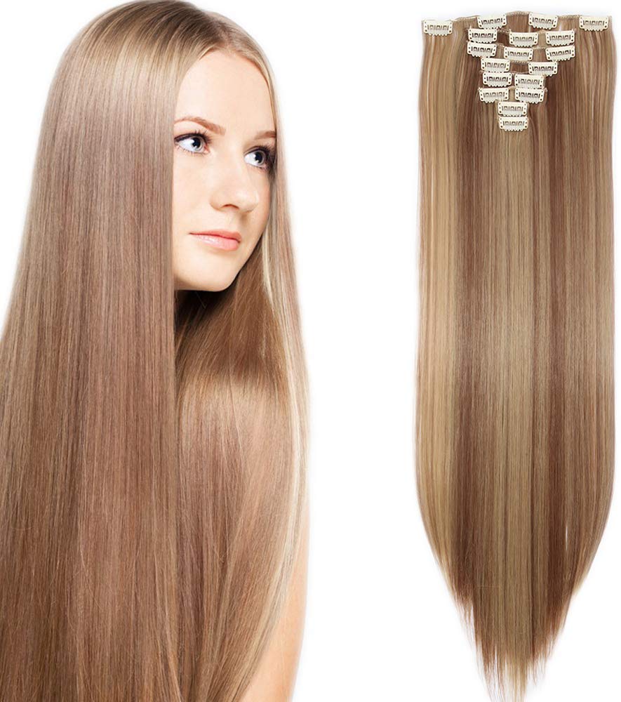23"(58cm) SEGO Extensiones de Clip Pelo Sintético Se Ve Natural 8PCS [Arena Oscura mezcla Rubio Claro] Cabello Liso Largo Postizos Pelucas para Mujer (140g) — view 31