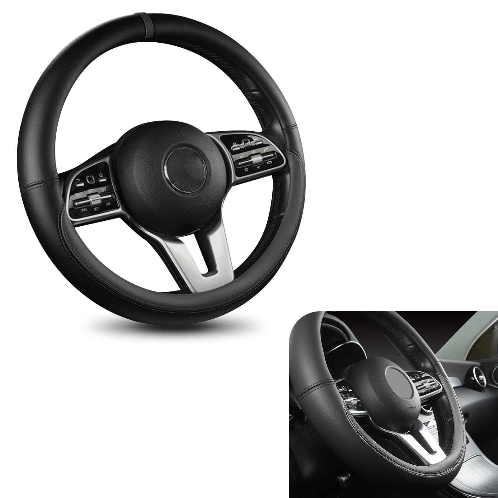 1 PC Car Steering Wheel Cover for 14.56In to 14.96In, Waterproof Soft Anti-Slip Vehicle Steering Wheel Decorative Accessories, Universal Automotive Steering Wheel Protector (Black)